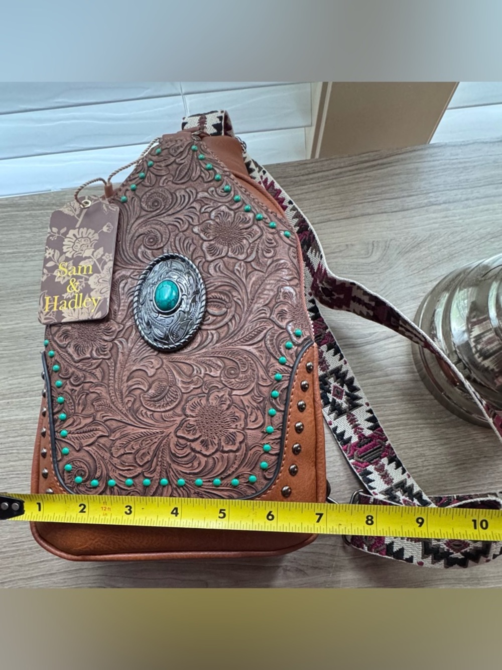 Sam & Hadley Brown Tooled Leather Crossbody Sling Bag with Turquoise Accents - Picture 11 of 12